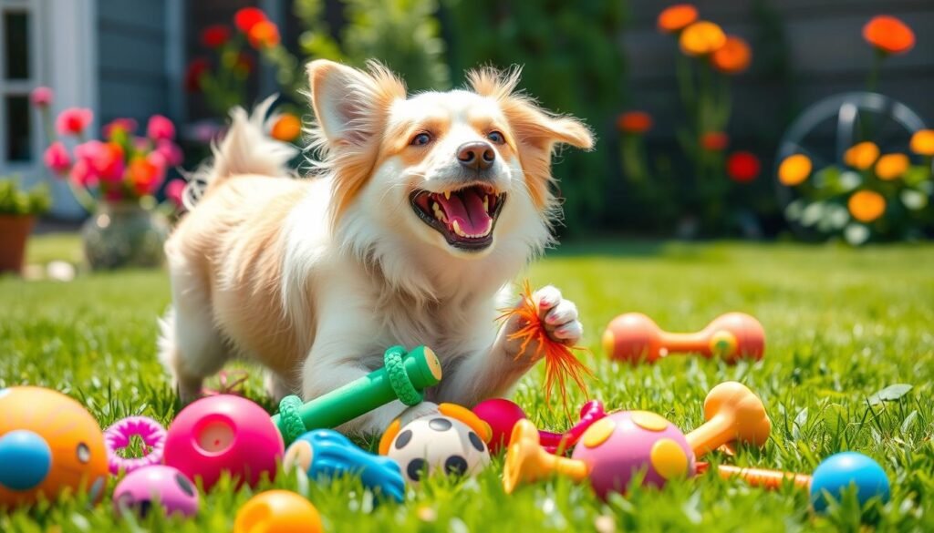 Dog playing with toys